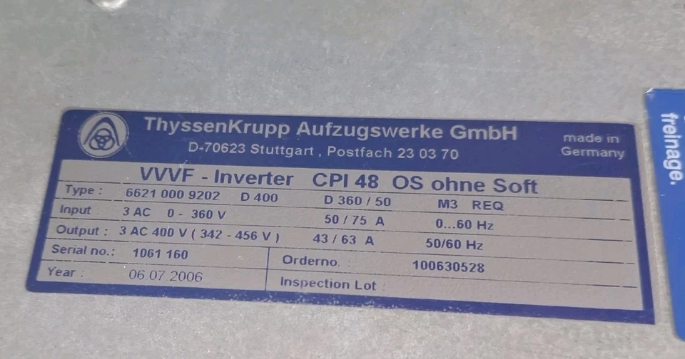 ThyssenKrupp Aufzugswerke VVVF-INVERTER CPI 48 OS ohne Soft 6621 000 9202 D400